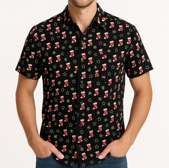 Rugby University Holiday Cotton Button Front Short Sleeve Shirt S - Picture 1 of 4